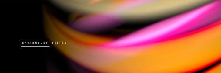 Silk and smooth flow wave poster design. Color waves, liquid style lines and shapes in black color background