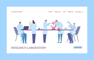 Genetic research clinic laboratory landing concept vector illustration. DNA laboratory web page. Man and woman in medical coat conducting experiments, chemical reactions at common table.