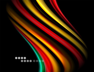 Silk smooth lines on black, liquid fluid color waves. Vector Illustration