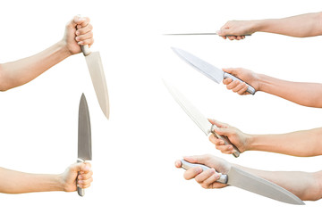 Collection of hand holding stainless knife isolated on white background with clipping path. - obrazy, fototapety, plakaty