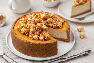caramel cheesecake with popcorn and salted caramel sauce
