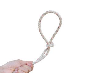 Man's hand holding rope isolated on a white background. with clipping path.