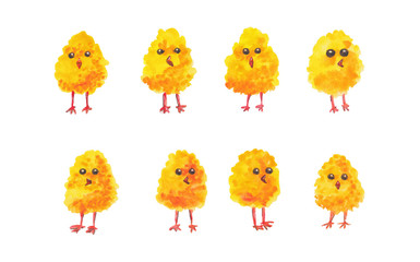 Cute yellow funny chicken characters isolated on white background. Set of watercolor sketch hens. Easter symbol animals. Concept for decoration for kids room, menu, food, wrapping paper. Young chicks.