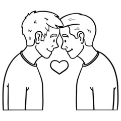 monochrome drawings of two young men who look each other in love. gay, tolerance, outline, comic.