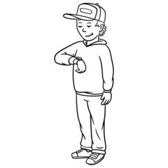 little boy looks at the watch. solid color, outline.
