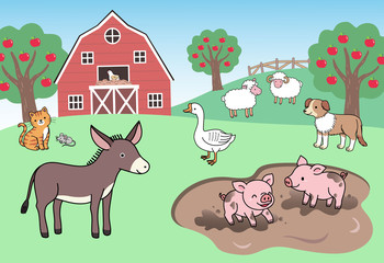 Farm landscape, there are pigs playing in the mud,Cats and dogs,Donkey and Great White Goose,Background with red barn and apple tree and sheep