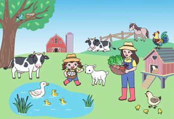Farm landscape, a woman and a little girl dressed as farmers, surrounded by many common animals