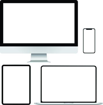 Realistic Computer, Laptop, Tablet and Smartphone with Blank Wallpaper Screen Isolated on White Background. 