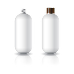 Blank white oval round cosmetic bottle with grooved screw lid for beauty product packaging. Isolated on white background with reflection shadow. Ready to use for package design. Vector illustration.