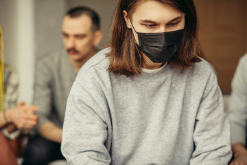 sick ill woman has a risk of getting pneumonia after initial stage of coronavirus. flu prevention,...