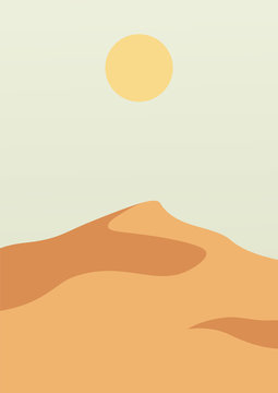 Landscape poster with desert sand hills, Nature abstract wavy shapes, Sunset backdrop, Vector illustration,