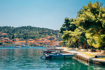 Fototapeta premium Adriatic sea and historic town Trogir at summer in Trogir, Croatia