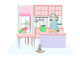 Women are cooking in the room. Activities when staying at home. Social distancing. Vector people illustration  . Cute cartoon character person flat design .