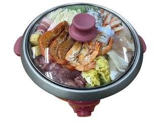 Seafood hot pot with squid, crab sticks, shrimp, mushrooms, vegetables, fish, pork, tofu, noodles on a white background