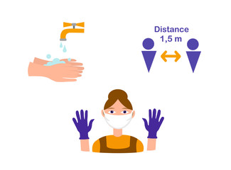 Coronovirus protection measures. Wash your hands, wear gloves, keep your distance. Illustration