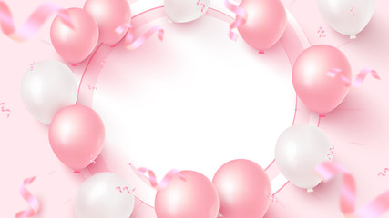 Festive banner design with white frame, pink and white air balloons, falling foil confetti on rosy background