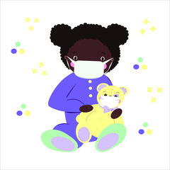 Little cute african girl wears a protective mask.Children medical vector illustration isolated on white background.