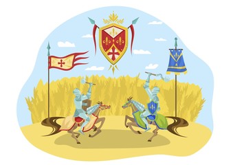 Knightly tournament, character riders horses fighting, royal competition, isolated on white, flat vector illustration. Chivalrous sign, military parade, middle ages war, battle, contest.