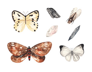 Butterflies and crystals. Watercolor illustration on white isolated background