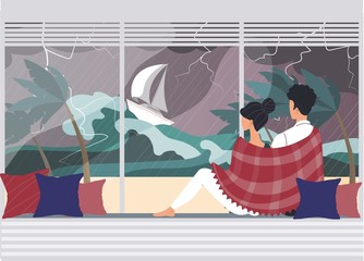Couple character, male, female watching storm natural disaster, high wave flat vector illustration. Water cataclysm, dangerous sea, tropical tsunami, boat, yacht sinking, thunderstorm, gusty wind.