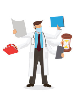 Doctor with multiple hands. Concept of multitasking medical Doctor.