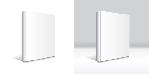 Blank white hardcover book mockup template. Isolated on white background and gray background with shadow. Ready to use for your business. Vector illustration.