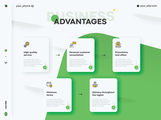 Simple green infograph design template. Circular element in center connected with 5 pictograms and text boxes. Five steps to obtain financial advantage concept. Vector illustration for report, website