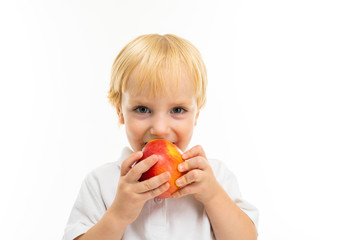 Little beautiful boy with blonde hair smiles, picture isolated on white background