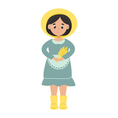 Cute farm girl in dress, pinafore and hat holding wheat. Countryside rural woman. Agricultural character concept. Eco lifestyle. Vector cartoon flat illustration isolated on white background