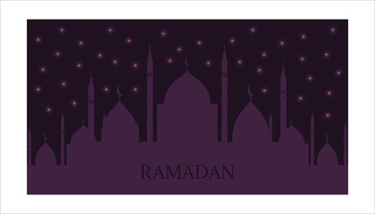 Ramadan Kareem horizontal banners with mosque dome silhouette and shinny stars on dark violet background. Vector Illustration for greeting card, poster and voucher. Place for text.