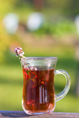 Cup of hot herbal tea in thyme herbs in summer. Turkish tea cup in summer
