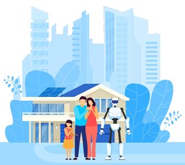Smart home, modern character family male, female, child, robot, machine, automated home assistant, flat vector illustration. Future city background, intelligent house, automatic device.