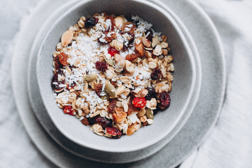 Homemade granola with milk in a plate