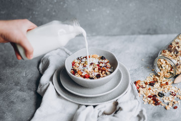 Homemade granola with milk in a plate