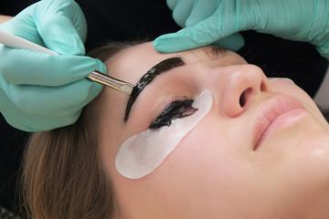 Professional beautician treatment concept. Eyelash lamination, extension performed on beautiful...