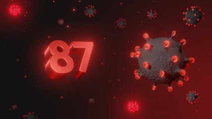 Number 87 in red 3d text on dark corona virus background, 3d render, illustration, virus