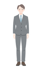 直立　ポーズ　照れる　ビジネス　スーツ　男性　全身