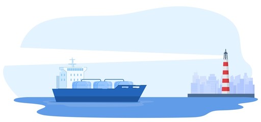 Obraz premium Large ship moor in city, lighthouse, urban background, industry concept banner, flat vector illustration, isolated on white. Industrial place, ship carrying oil, petrol, gas, industry production.