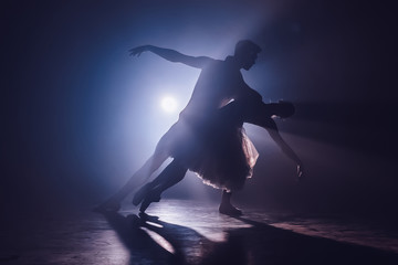 Professional ballet couple dancing in spotlights smoke on big stage. Beautiful young woman and man...