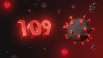 Number 109 in red 3d text on dark corona virus background, 3d render, illustration, virus