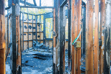 Burned house interior residence after a house fire