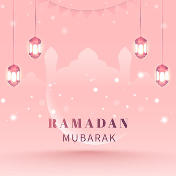 Ramadan kareem Decorative shiny half moon and lantern with background, wallpaper design.