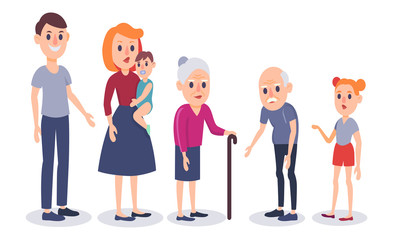 Happy family portrait. Colorful flat design vector illustration. Father, mother, grandfather, grandmother and children. Dad, mom, son, daughter grandma and grandpa