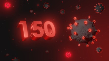 Number 150 in red 3d text on dark corona virus background, 3d render, illustration, virus