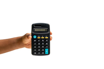 Hand holding calculator isolated on white background.
