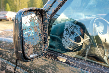 dirty car in the forest the side mirror is covered with dirt © metelevan