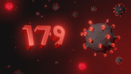 Number 179 in red 3d text on dark corona virus background, 3d render, illustration, virus