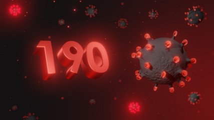 Number 190 in red 3d text on dark corona virus background, 3d render, illustration, virus