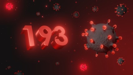 Number 193 in red 3d text on dark corona virus background, 3d render, illustration, virus