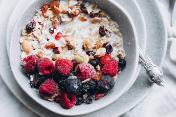muesli with berries,granola with milk in a plate
